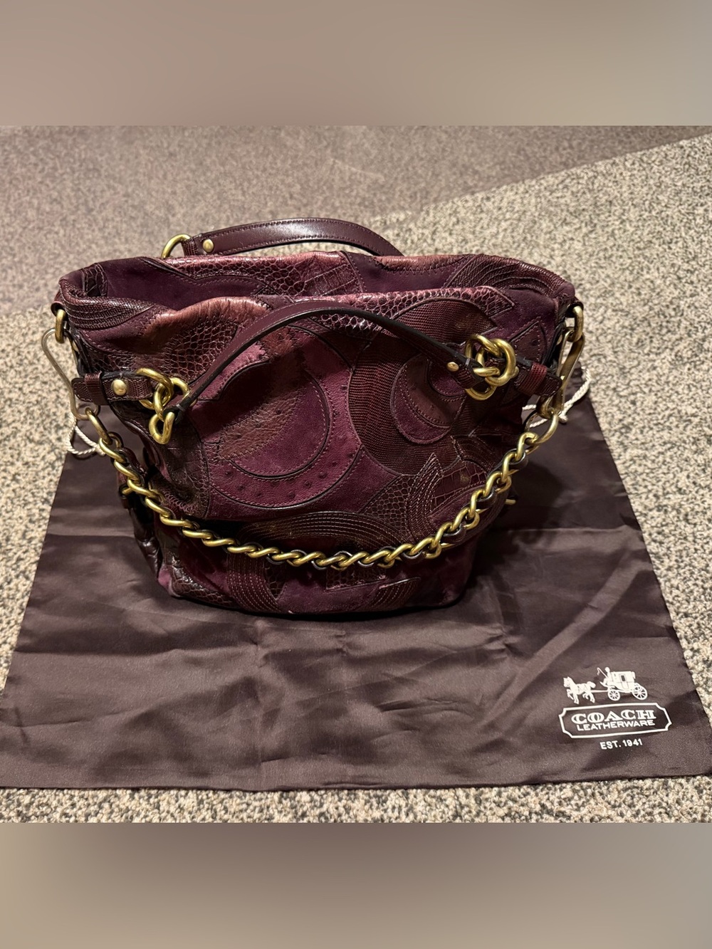 Coach Brooke 14339 Plum Inlaid C Suede Leather Shoulder Bag